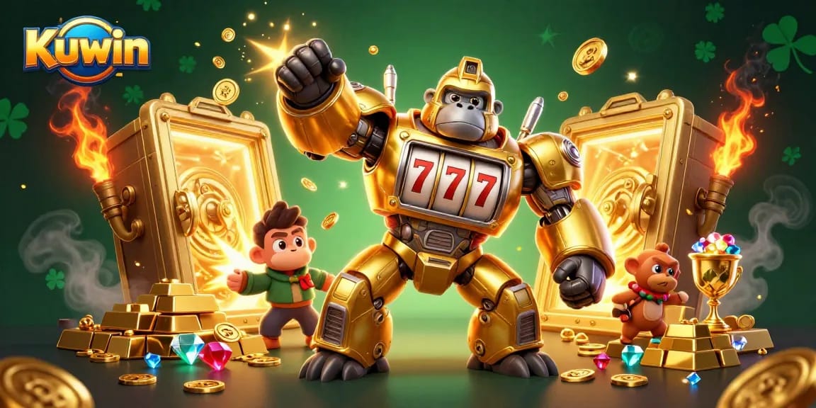 Experience thrilling gameplay at Kuwin with a dynamic gold gorilla mech smashing slot machines, perfect for casino enthusiasts.