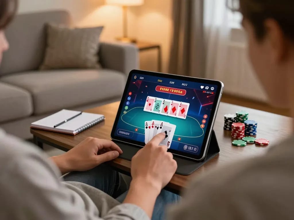 Engaging in vip66 online poker on a tablet in a cozy living room setting