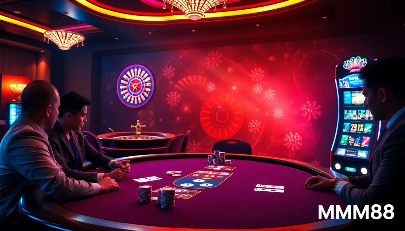 Experience the excitement of MM88 at a luxurious poker table with vibrant chips and cards.