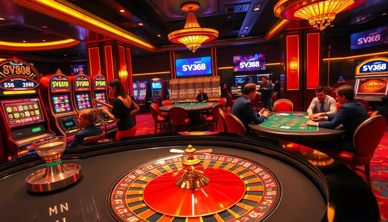 Players celebrate wins at SV368's luxurious casino tables filled with vibrant colors and exciting gameplay.