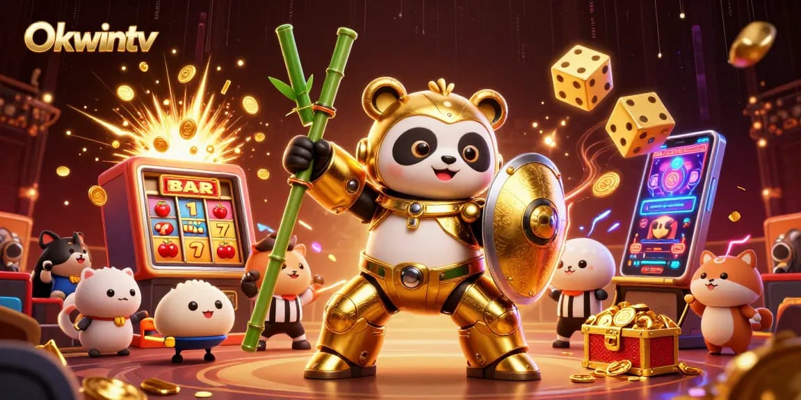 Okwintv engages players with a dynamic 3D casino scene showcasing slots, jackpots, and excitement.