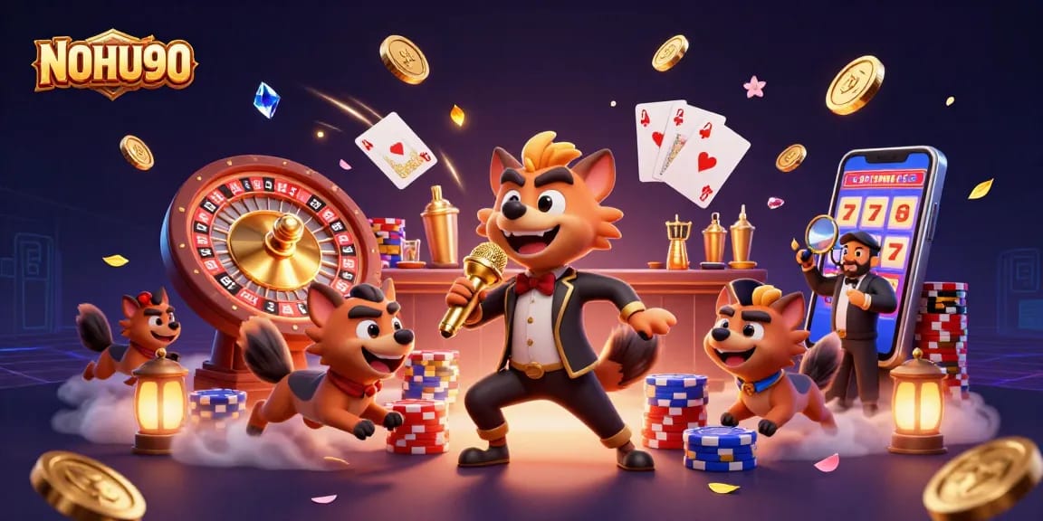 Join the fun at NOHU90 with hyenas in a lively comedy casino scene packed with games.