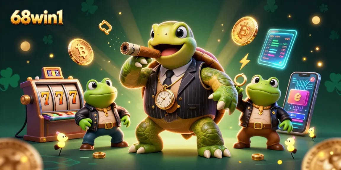 Experience slots like never before with 68win1 featuring a cartoon turtle in a mobster suit surrounded by jackpots.