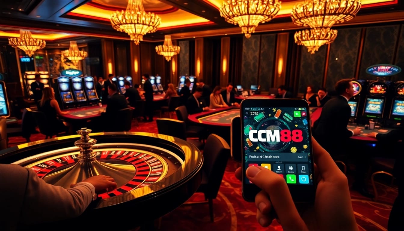 Players enjoying an exciting high-stakes game at CM88 casino tables, with chips and cards prominently featured.