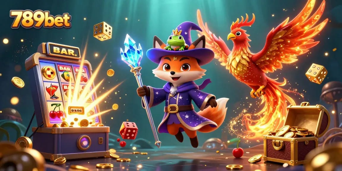 Experience the thrilling world of 789bet with a mystical fox wizard, phoenix, and dynamic casino elements.
