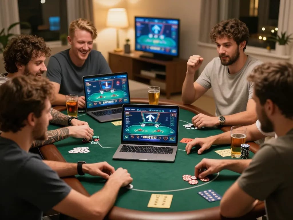 Players immersing themselves in rik vip online poker game in a cozy living room atmosphere