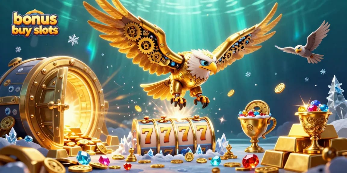 Experience bonus buy slots with a cybernetic eagle soaring through glamorous casino treasures.