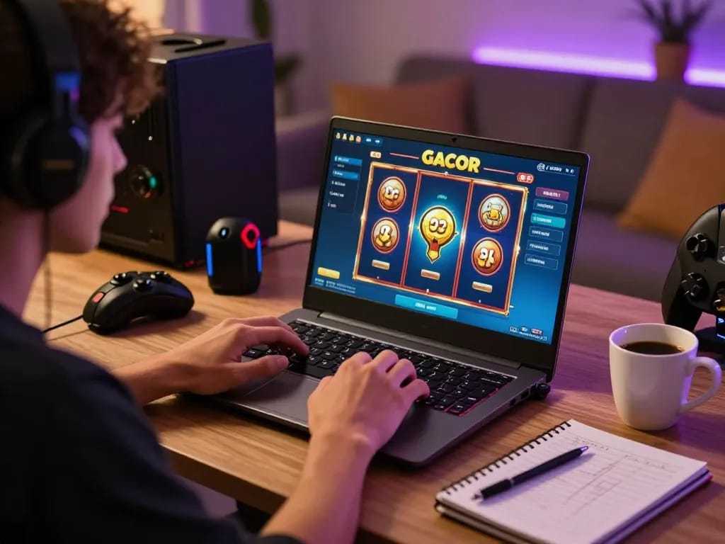 Engaged player enjoying link slot gacor online, displaying strategic focus in casual home setting.