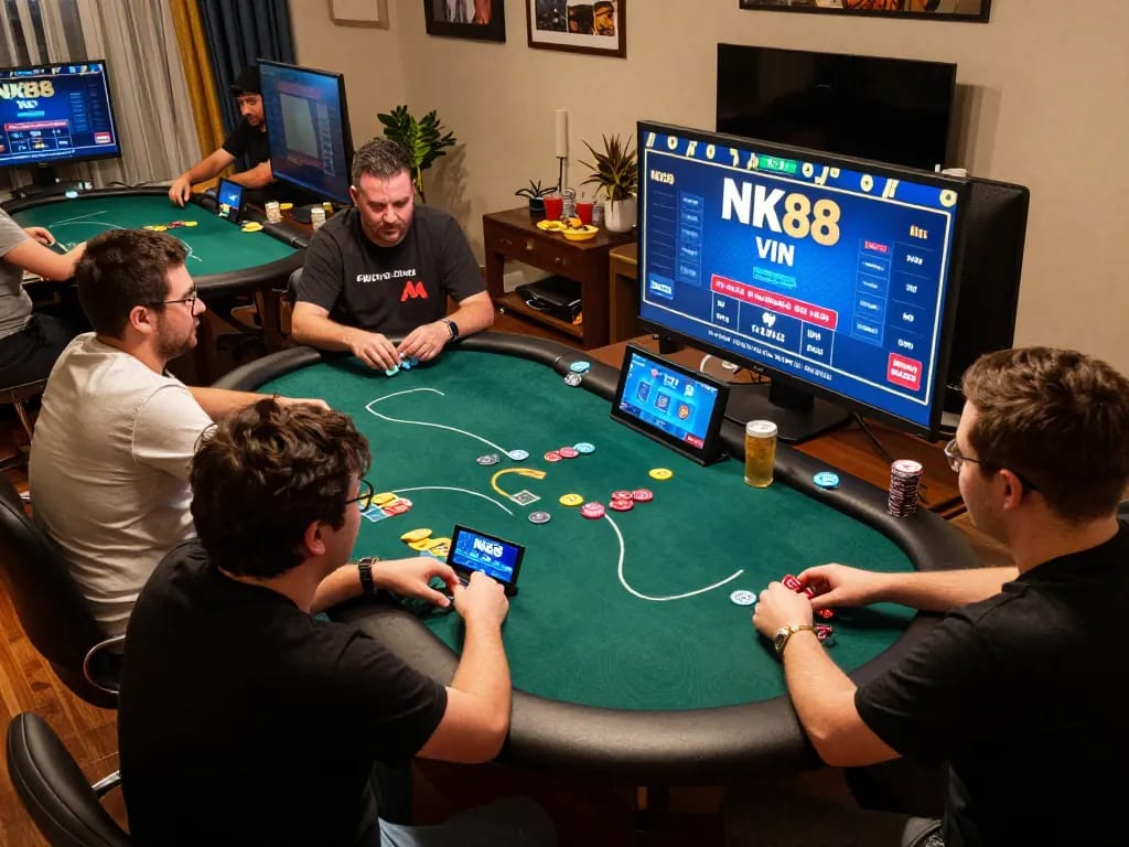Players engaging in NK88 vin live poker online, showcasing high-stakes gameplay with devices in a cozy setting.