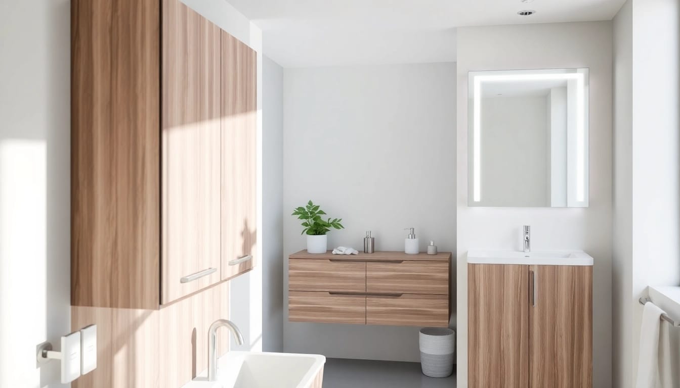 Showcasing illuminated bathroom cabinets enhancing modern bathroom aesthetics and ambiance.