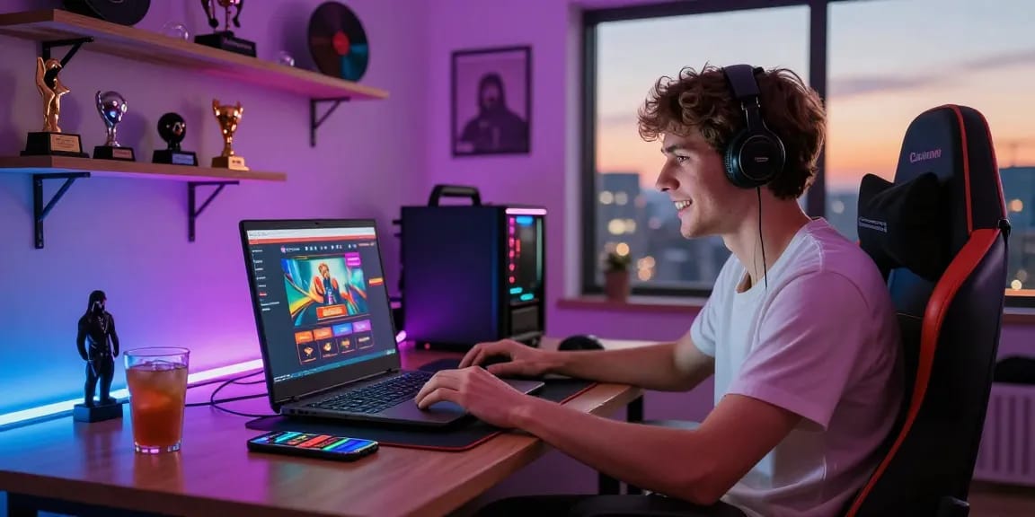 Engaged player enjoying online gaming at credit card casinos https://ecpc.org.uk in a stylish home setup.