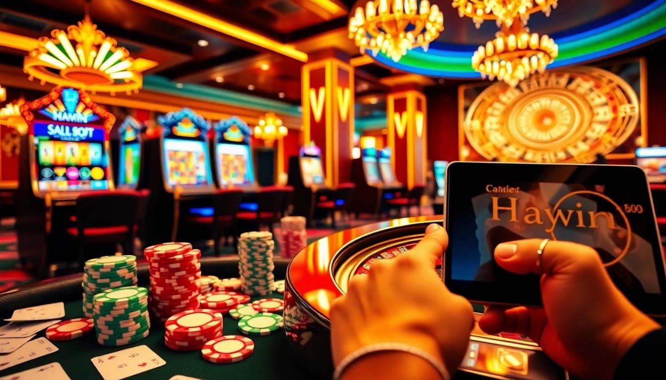 Experience exciting online gambling at Haywin with vibrant casino tables, poker chips, and slot machines.
