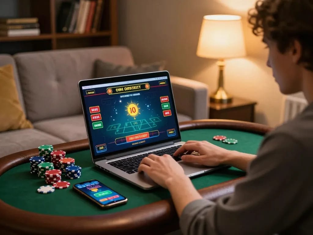 Player enjoying online gambling experience with 789 strategy tips in cozy living space.