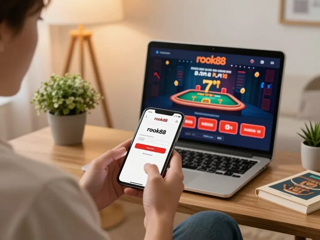 rokok88 login screen on smartphone shows dynamic casino gameplay with engaging visuals.