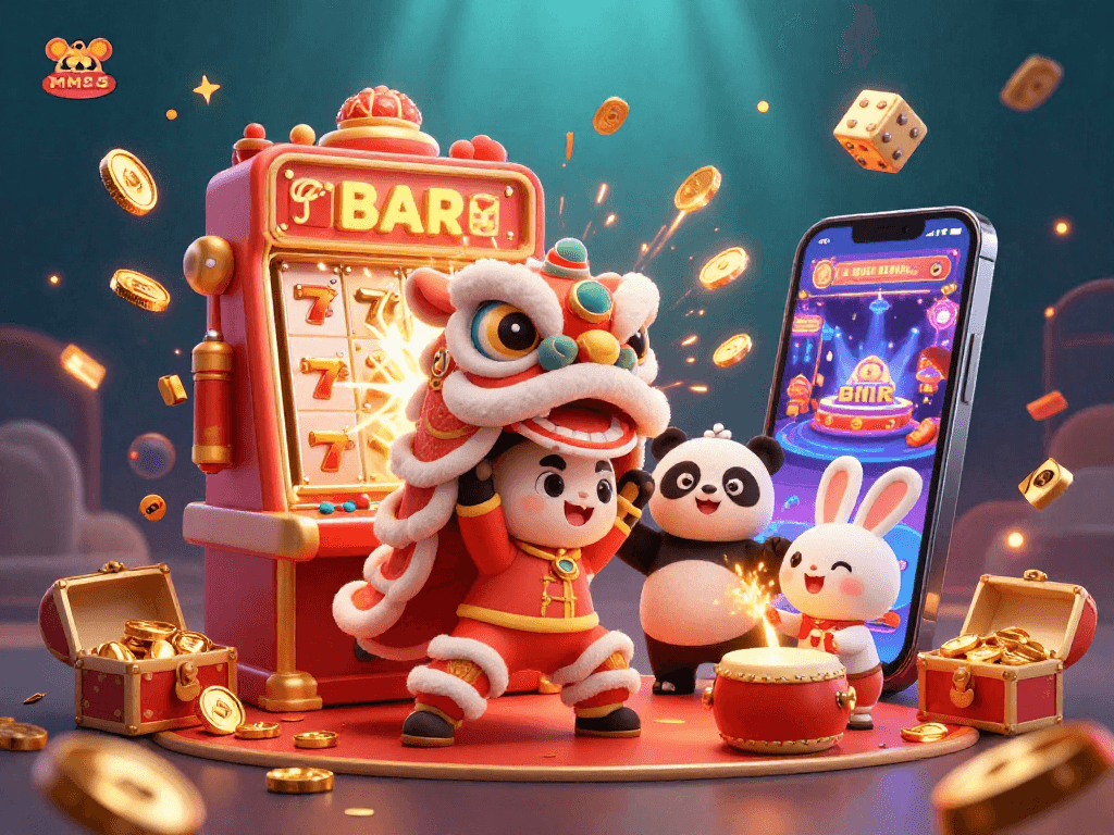 Experience the excitement of MM88 with captivating 3D illustration of festive casino elements and characters.