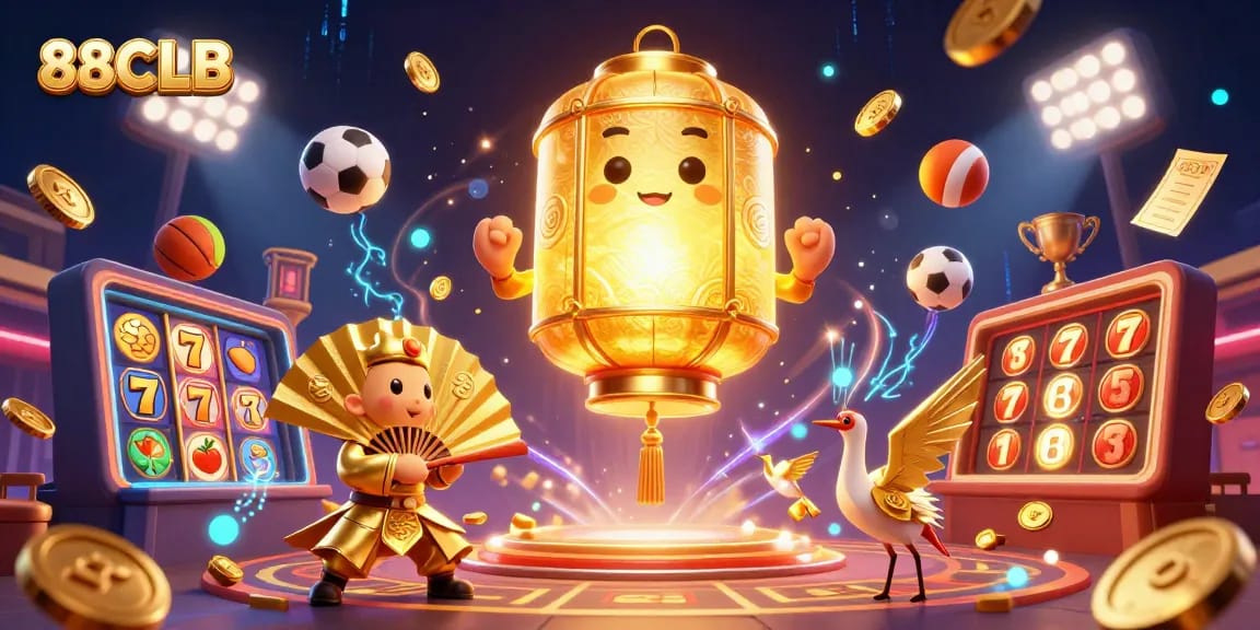 Engage with 88CLB's vibrant casino experience filled with slot reels, lucky symbols, and energetic game elements.