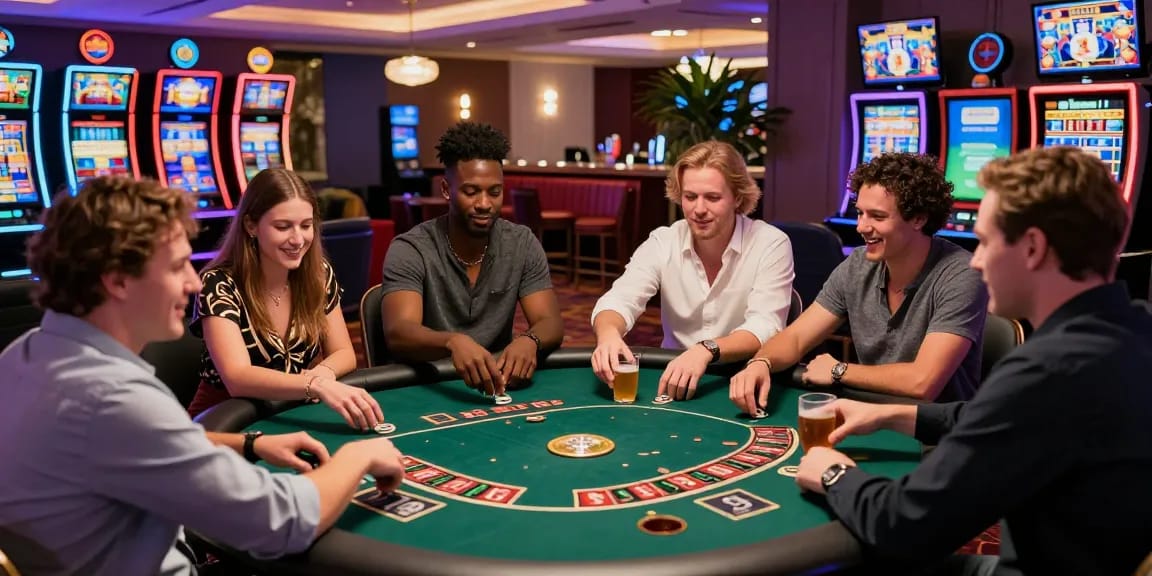 Dynamic scene of players enjoying diverse games at non UK casinos, surrounded by vibrant lights and exciting atmosphere.