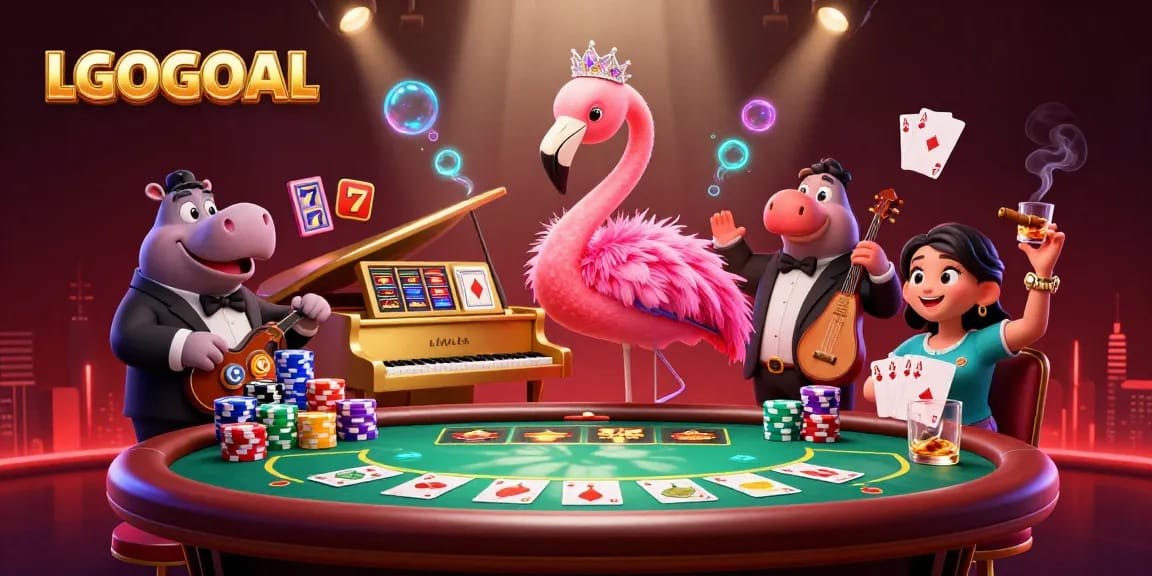 Experience the thrill of LGOGOAL with a vibrant casino scene featuring a flamingo singer and hippo bassist.