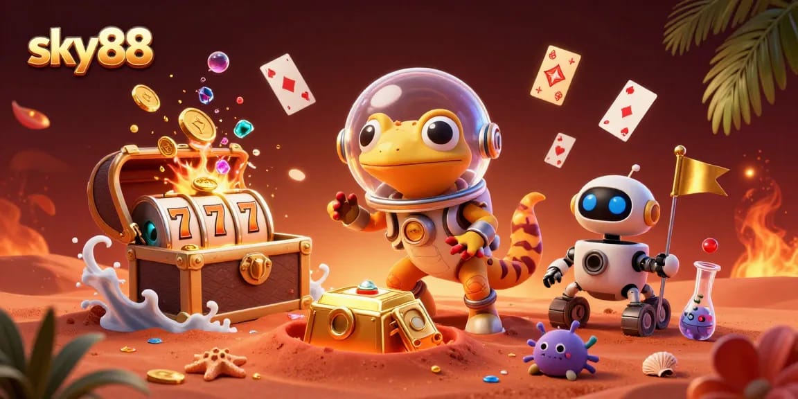 Engage with sky88's thrilling online casino experience featuring Martian characters and vibrant game elements.