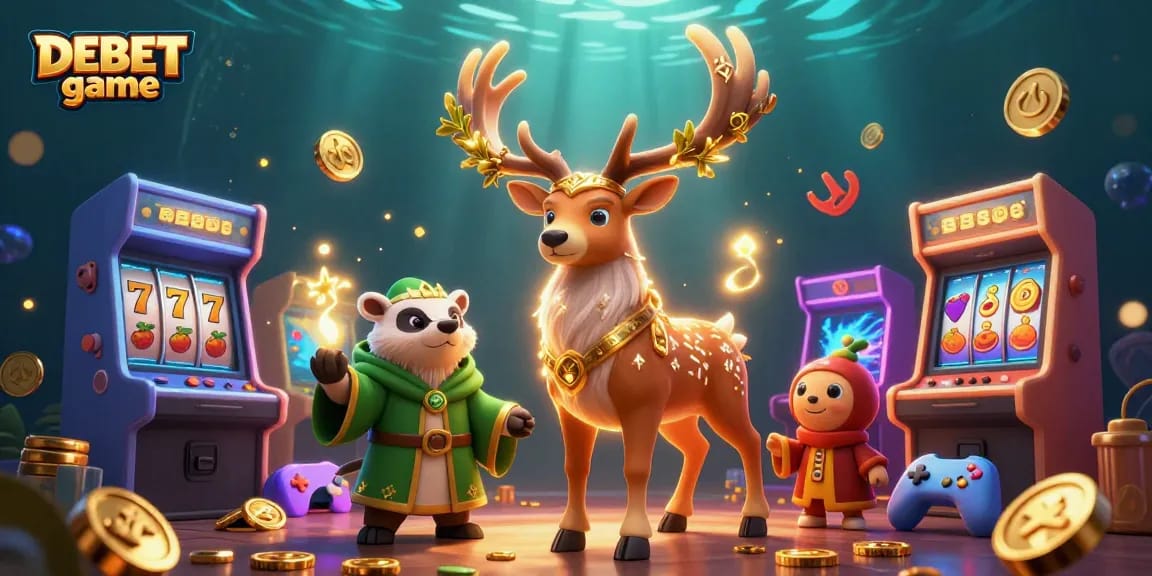 Engage in the thrilling DEBET game with illustrated characters and vibrant arcade elements in a casino setting.