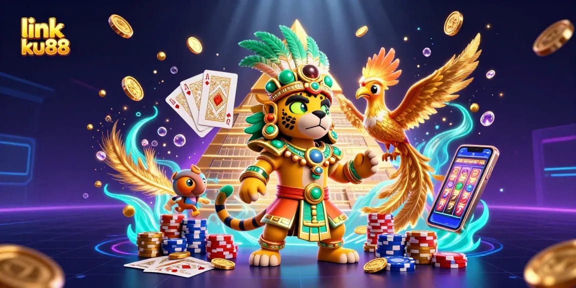 Engage with link ku88 in this vibrant Mayan-themed 3D casino illustration showcasing dynamic gaming action.