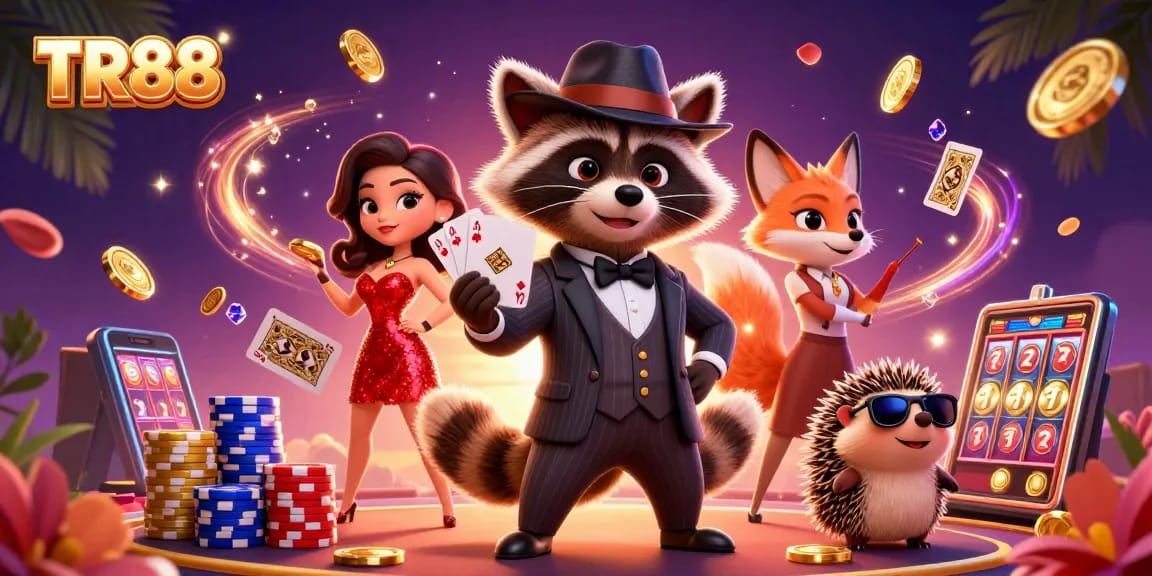 TR88 casino illustration with a raccoon, fox lady, and hedgehog celebrating victories with cards and coins.
