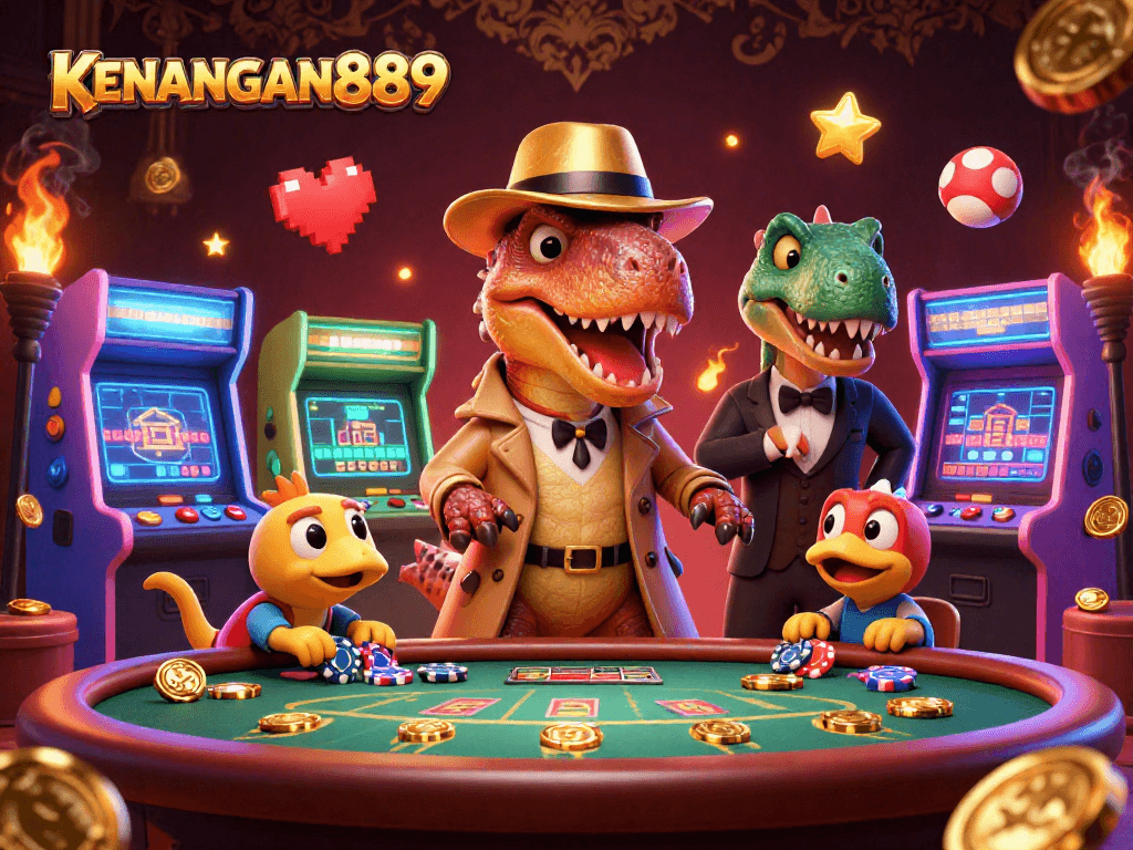 KENANGAN889 showcases cartoon characters in a thrilling blackjack scene with vibrant casino elements.