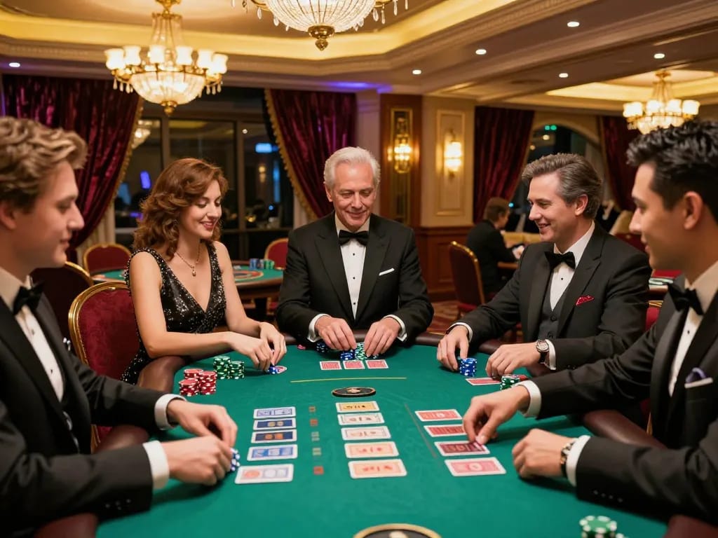 c168 players placing bets at a blackjack table, showcasing excitement and strategic gameplay in a luxurious casino