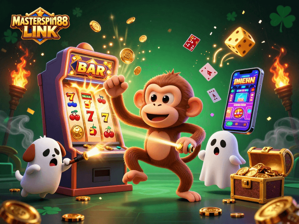 Engage with MASTERSPIN188 LINK and enjoy a dynamic scene of a poltergeist monkey and ghost-hunter puppy.
