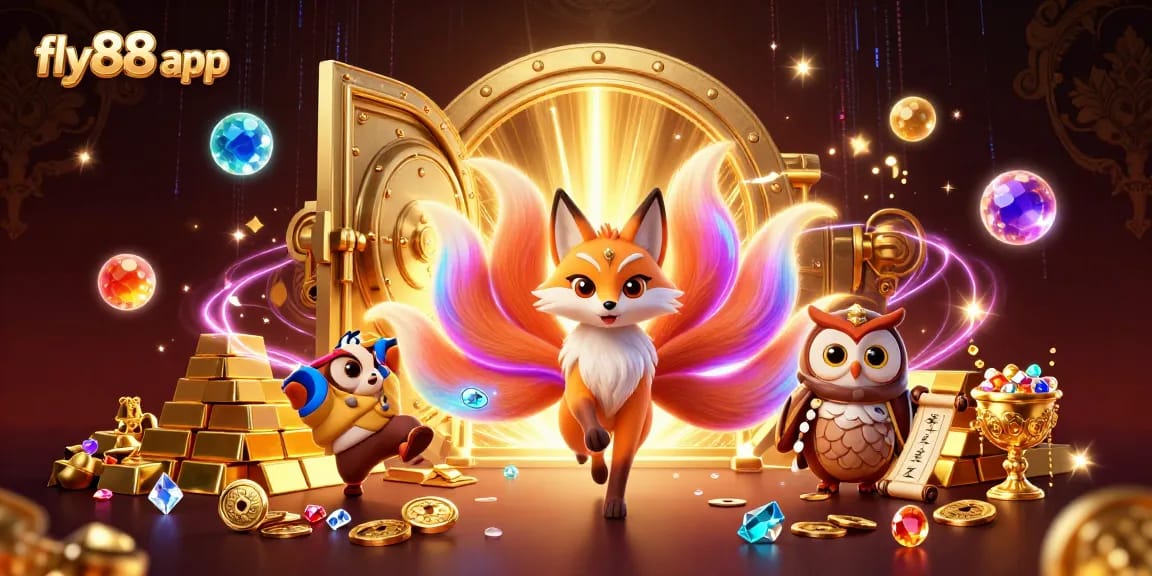Experience the vibrant action of the fly88 app with a cartoon fox spirit, treasure, and glowing gems.