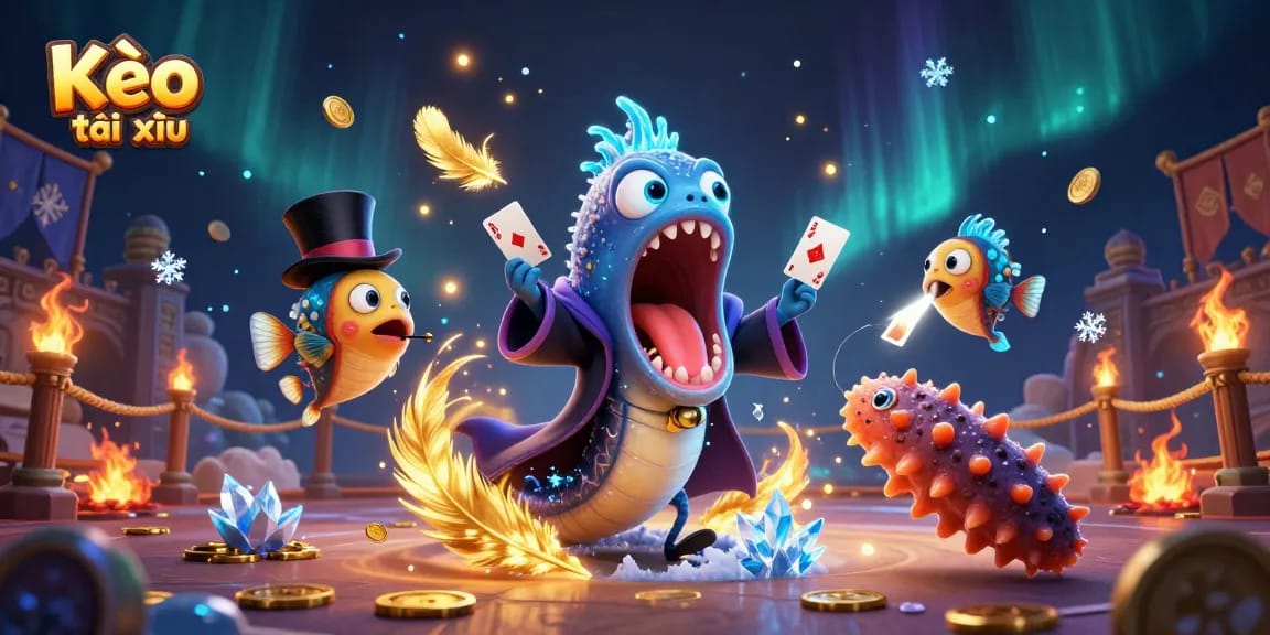Engaging Kèo tài xỉu themed illustration with animated sea creatures performing magic at a casino.