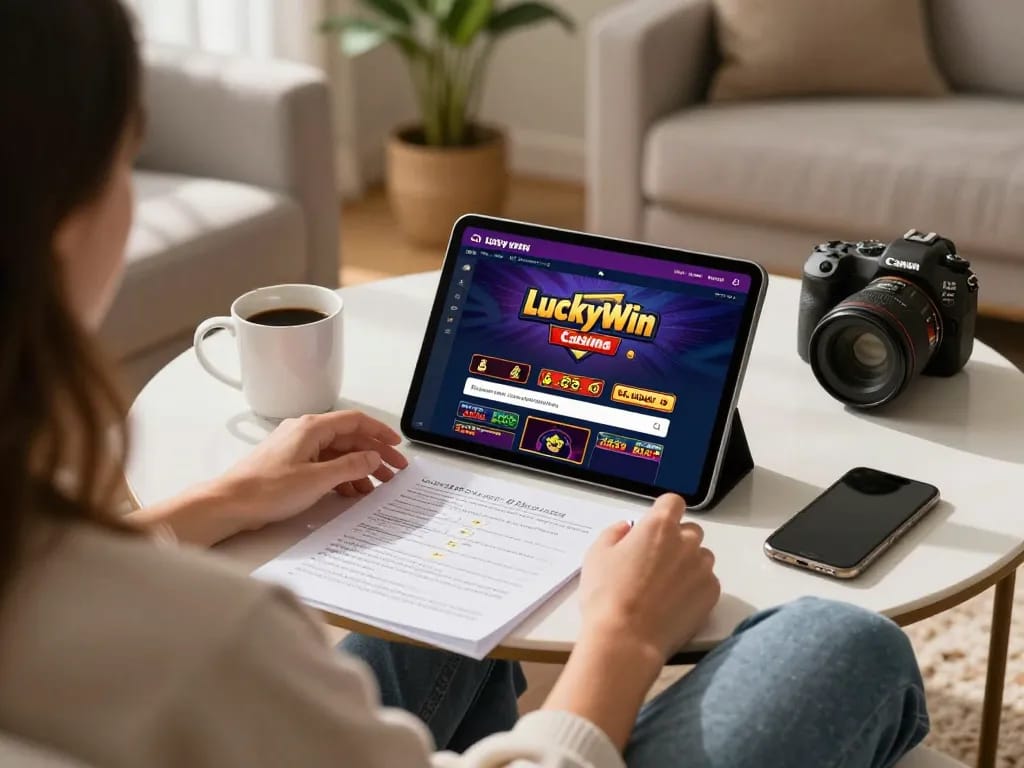 Person engaging with the Luckywin casino app on a tablet in a cozy living room.
