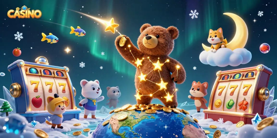 Engage in the dynamic CASINO experience with a magical bear and slot reels amidst vibrant gaming action.