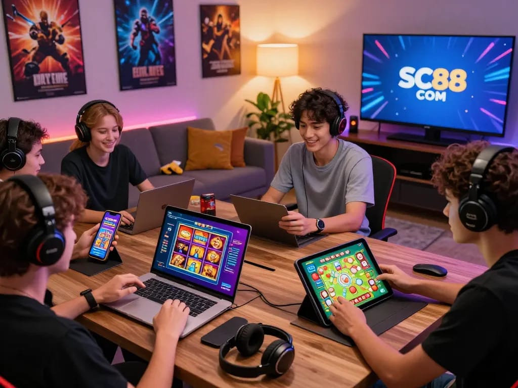 Engaged gamers enjoying a variety of online games at SC88 COM in a modern gaming space with vibrant lighting.
