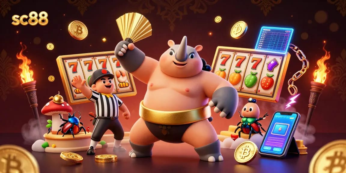 Experience sc88 action as the beetle champion stomps giant coins in a vibrant casino scene.
