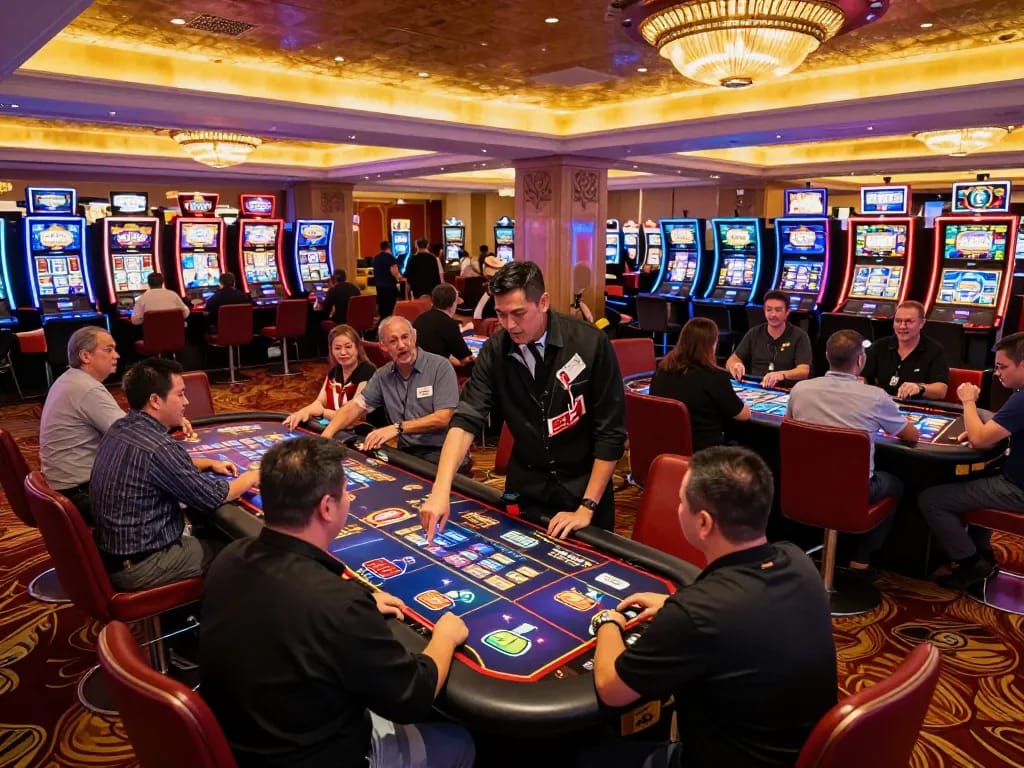 LC88 casino floor filled with players enjoying exciting games, creating a lively gambling atmosphere.
