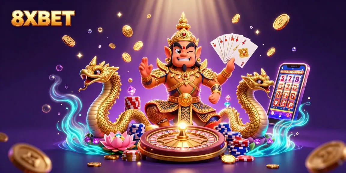 Experience thrilling gameplay at 8XBET with dynamic scenes of slot machines, coins, and gaming excitement.