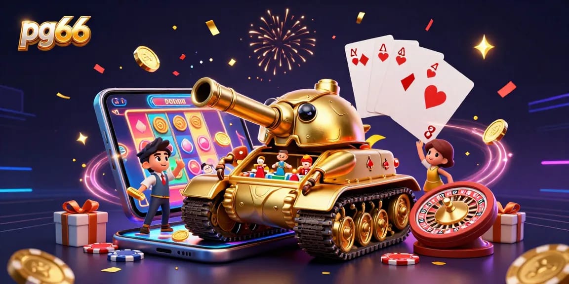Experience action at pg66 with a spectacular golden beetle tank revealing a miniature casino inside.