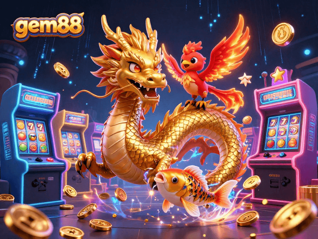 Experience the thrill of playing gem88 with a golden dragon, phoenix, and koi fish in a vibrant casino scene.