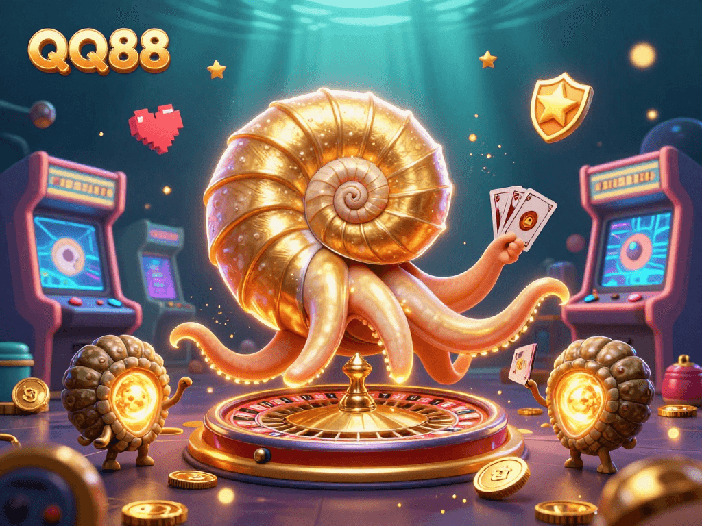 Experience thrilling gaming with QQ88's unique casino design featuring glowing nautilus and vibrant arcade elements.