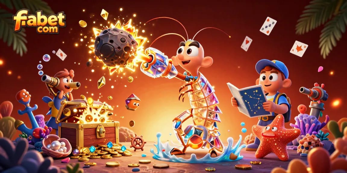 Join the excitement at fabet com with a vibrant scene of a mantis shrimp and treasure, loaded with gems and coins.