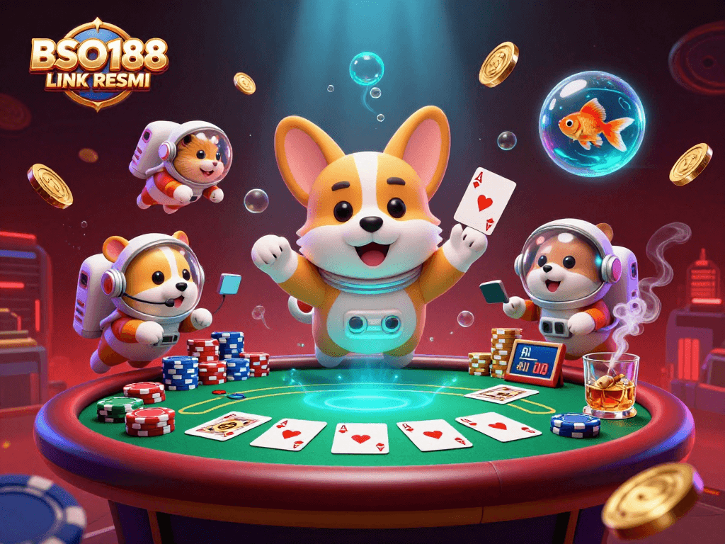 Experience the excitement at BSO188 LINK RESMI with a vibrant 3D casino scene featuring unique characters.
