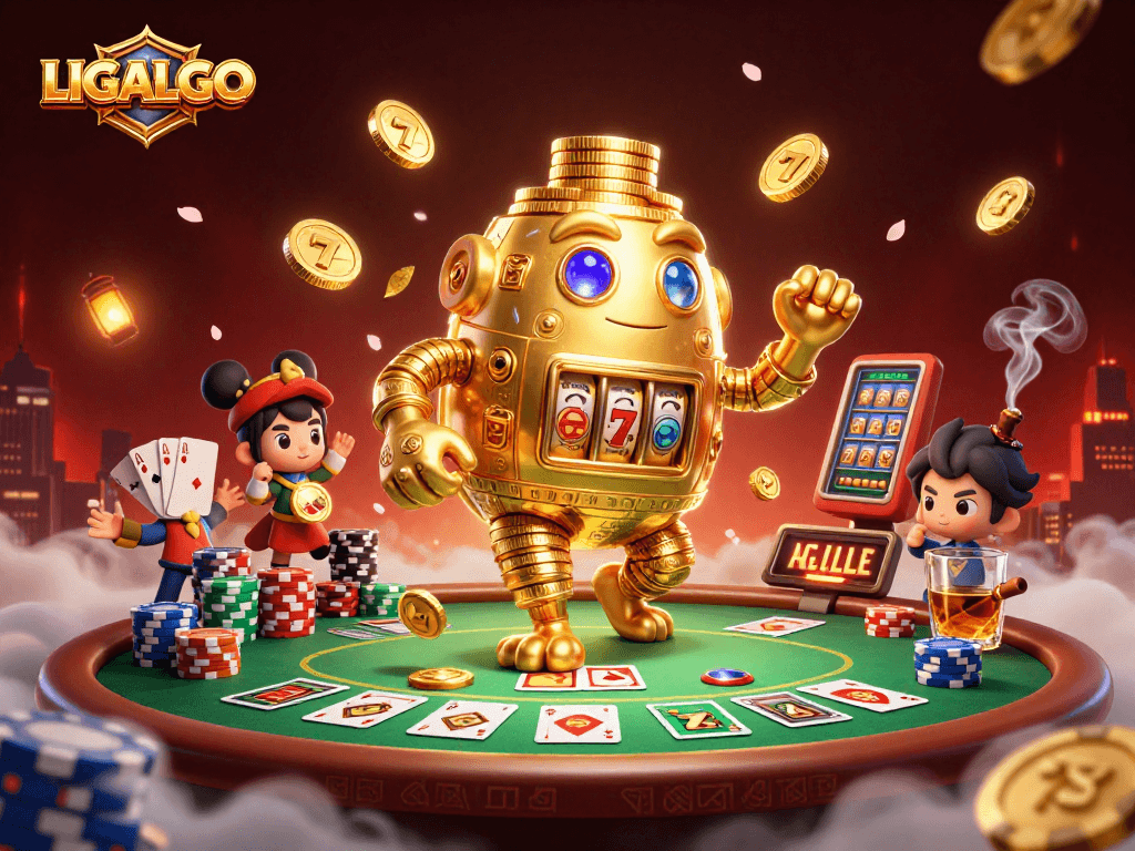 LIGALGO's exciting dynamic representation featuring a golden golem amidst vibrant casino elements.