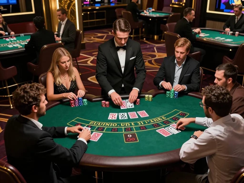 Players engaged at the blackjack table in a casino, enhancing their j88 gaming experience.