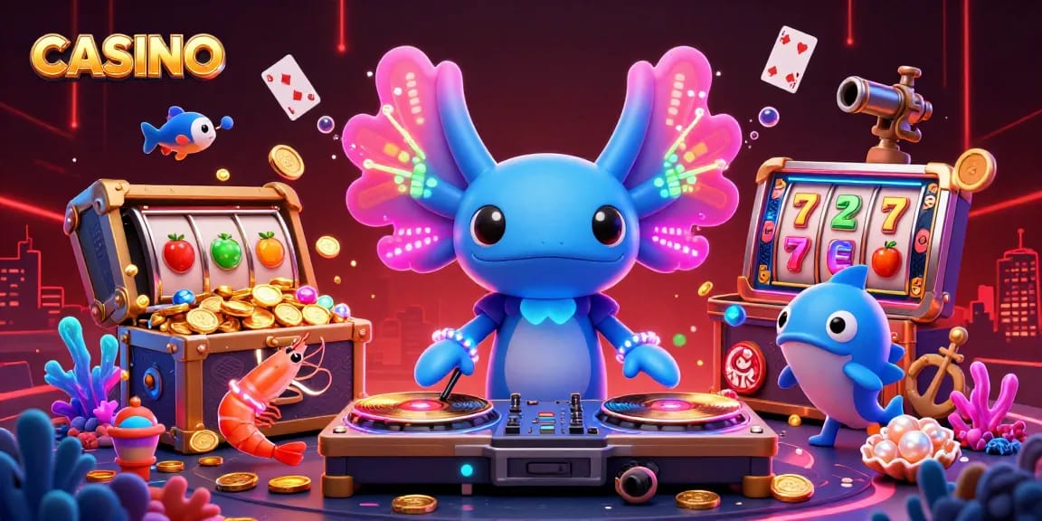 Experience the CASINO excitement with a vibrant underwater DJ scene featuring vivid characters and game elements.