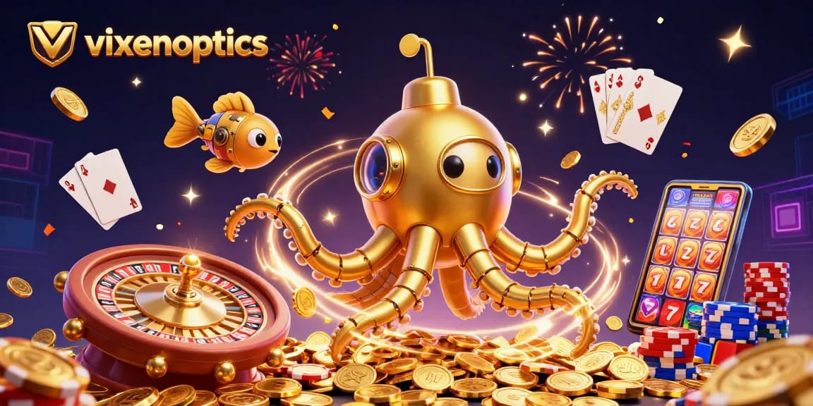 Experience the vibrant gaming atmosphere with vixenoptics, showcasing golden kraken and casino elements.