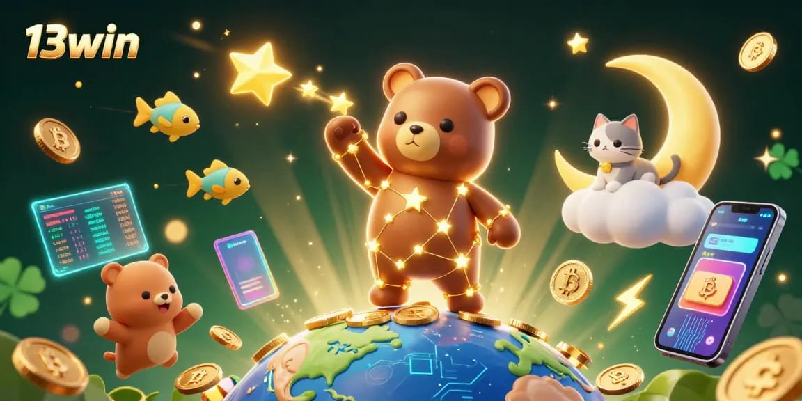 Scoop up coins with 13win's vibrant online casino characters and crypto elements in a dynamic scene.