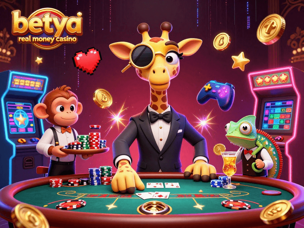 Betya real money casino showcases a vibrant 3D illustration depicting high-stakes gaming excitement.