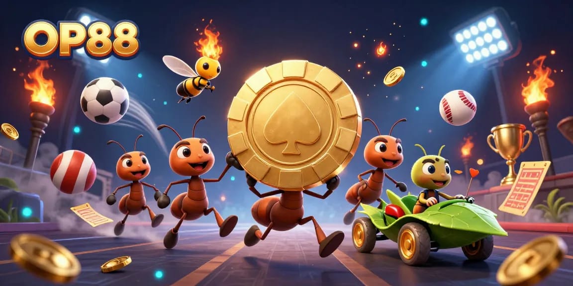 OP88 team of ants carrying a giant poker chip in an exciting casino heist scene