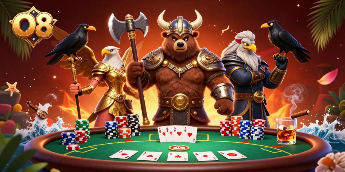 Experience thrilling gameplay at O8 with a Viking berserker and Valkyrie eagle amidst poker chips and cards.